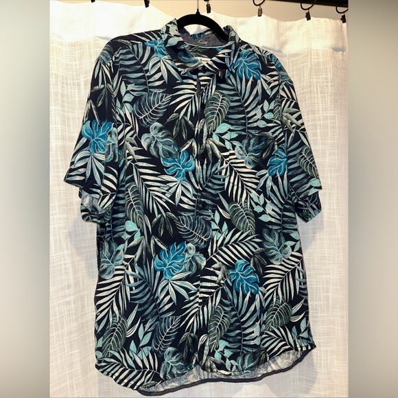 Tommy Bahama Mens XL 100% Silk Blue Green Lavish Leaves SS Button Up Ocean Deep - Picture 2 of 12